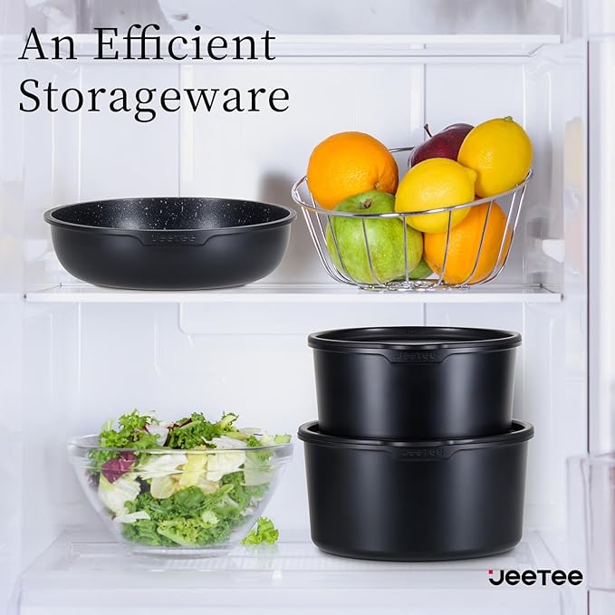 JEETEE Pots and Pans Set Non Stick 17pcs, Kitchen Cookware Sets with Detachable Handle, Induction Nonstick Cookware Set with Removable Handle, Stackable RV Cookware, Oven Safe, PFAS/PFOA Free, Black