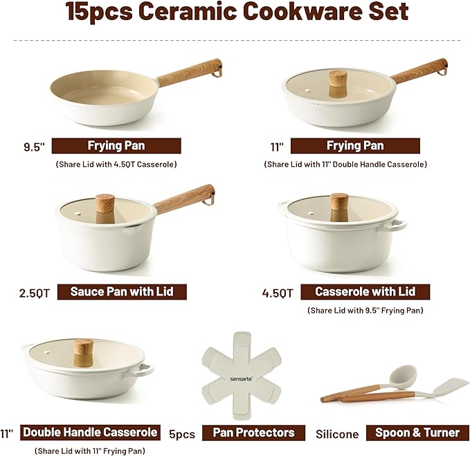 SENSARTE Ceramic Nonstick Cookware Set Non-toxic Healthy Pots and Pans Set Ceramic Coated Kitchen Cooking Set, Free of Intentionally Added PFAS/PTFE, Dishwasher&Oven Safe, Induction Compatible, 15pcs