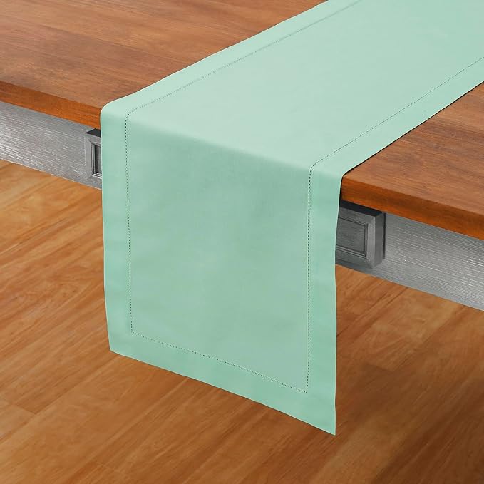 Solino Home Table Runner 108 Inches Long - Cotton Linen Hemstitch Aqua Table Runner 14 x 108 Inch for Summer
