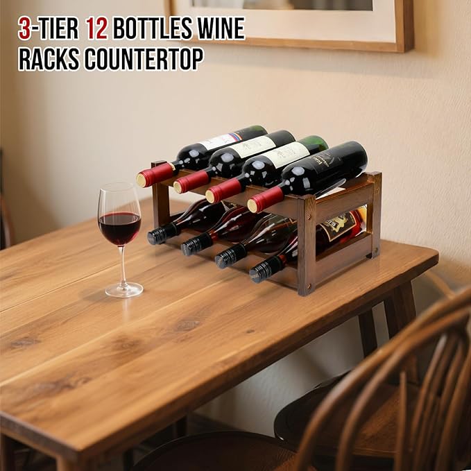 Bamboo Wine Rack, 2-Tier 8 Bottles Wine Storage Cabinet Shelf, Easy-Assembly Freestanding Bamboo Wine Racks Countertop for Kitchen Pantry Dining Room Bar, Walnut