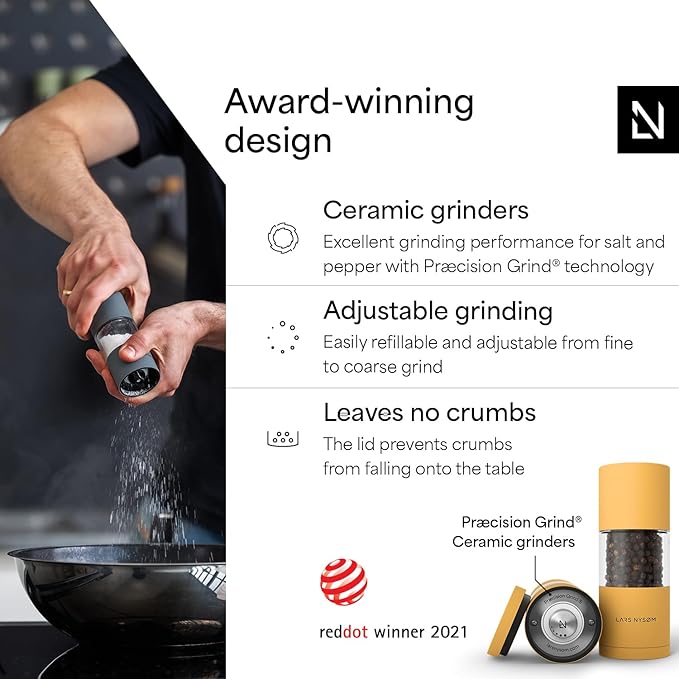 LARS NYSØM Salt and Pepper Grinder Set I Salt and Pepper Mills with Adjustable Ceramic Grinder 2 pieces I Manual Design Spice Mill Set (Mustard Yellow)