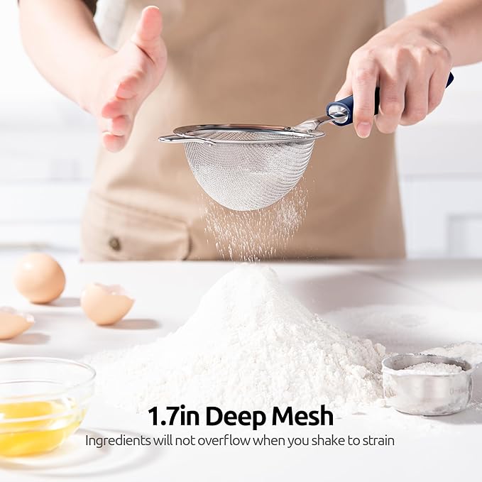18/8 Stainless Steel Mesh Strainer: U-Taste 3.9 Inch Kitchen Fine Mesh Sieve Food Colander with Riveted Sturdy Silicone Handle and 30 Mesh Hole for Straining Flour, Quinoa, Tea, Juice (Midnight Blue)
