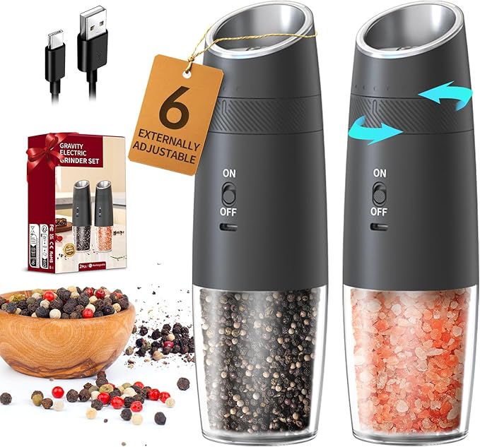 CIRCLE JOY Gravity Electric Salt and Pepper Grinder Set Rechargeable Automatic Pepper and Salt Shakers with LED Light, External Adjustable Coarseness, One-Hand Operation for Salt & Spices