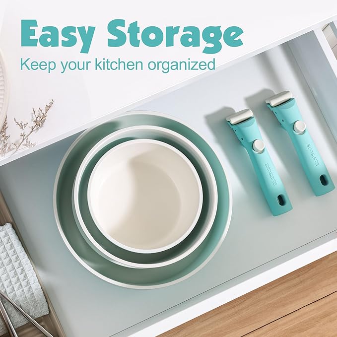 SENSARTE 24 Piece Ceramic Pots and Pans Set, Nonstick Detachable Handle Cookware, Induction Cookware Set with Removable Handle, Healthy Non Stick for RV, Dishwasher＆Oven Safe, PFOA Free (Turquoise)