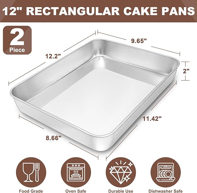 EWFEN 12 Inch Rectangular Cake Pan Set of 2, Stainless Steel Deep Baking Pan for Lasagna Brownies Casseroles, Metal Cookie Tray Fits in Toaster Oven, Rust-resistant, Dishwasher Safe