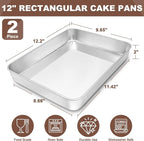EWFEN 12 Inch Rectangular Cake Pan Set of 2, Stainless Steel Deep Baking Pan for Lasagna Brownies Casseroles, Metal Cookie Tray Fits in Toaster Oven, Rust-resistant, Dishwasher Safe