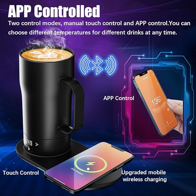 Smart Self Heating Coffee Mug 18 Oz Temperature Control Heated Coffee Mug App Controlled Warmer Mug 5-10 Hour LED Display Keep Coffee Hot All Day Fast Wireless Charger Base Iron Black