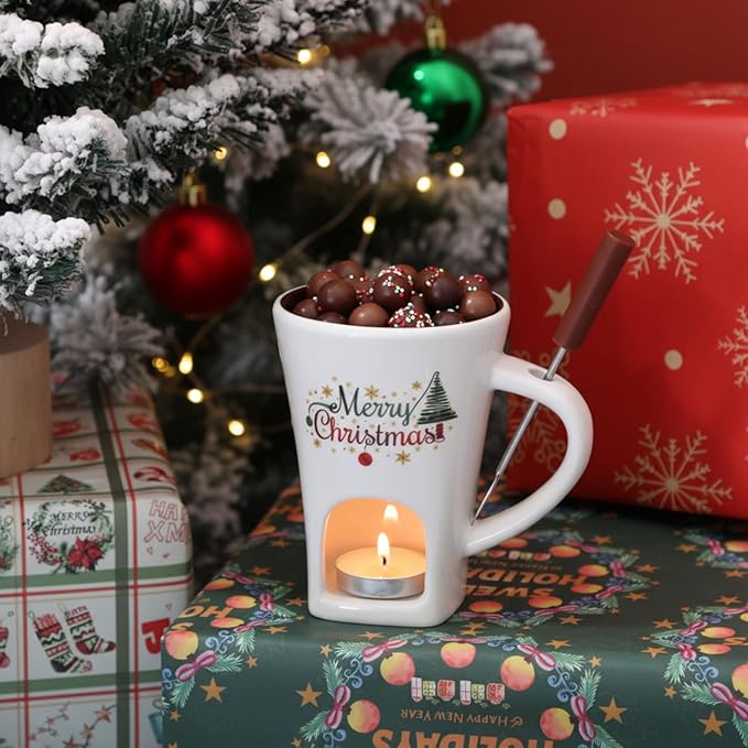 Honeydak Christmas Chocolate Fondue Mug with Fork and 3 Candle Sweet Ceramic Personal Chocolate Melting Cup Ideal Xmas Gifts Birthday Date Night Birthday Wedding Gifts(White,Modern)