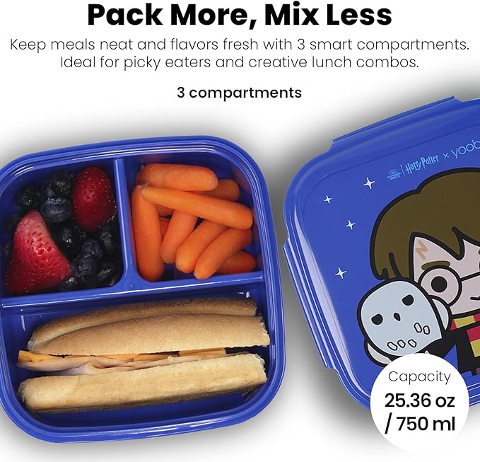 Yoobi Harry Potter X Hedwig Bento Box & Ice Pack – Fun Gift for Kids – 3 Compartment Lunch Box, Dishwasher & Microwave Safe Food & Snack Container for Kids – BPA & PVC Free, Leakproof