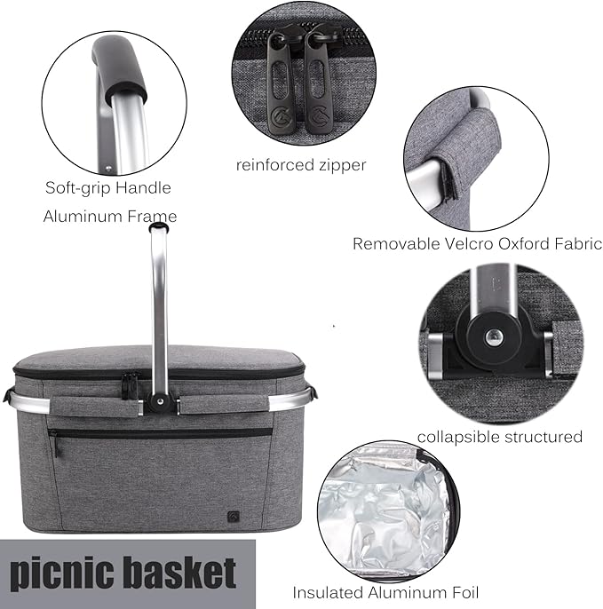 ALLCAMP OUTDOOR GEAR Large Picnic Basket 32L Shopping Basket Grocery Bags Folding Insulated Strong Aluminum Frame Basket (Large Gray)
