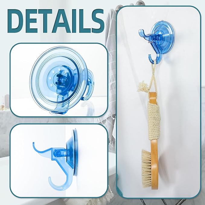 Antimbee 3 Pack Suction Hooks, Clear Suction Hangers for Shower, Bathroom, Glass, Door, Windows, Kitchen-Up to 11 lbs on Smooth Surface (Transparent Blue)