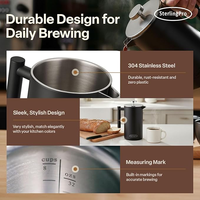 Extra Large French Press Coffee Maker 59 oz (1.75L), Large Capacity Stainless Steel Big French Press XL, Thermal Insulated Black Coffee Maker with Double Walled Insulation, Black