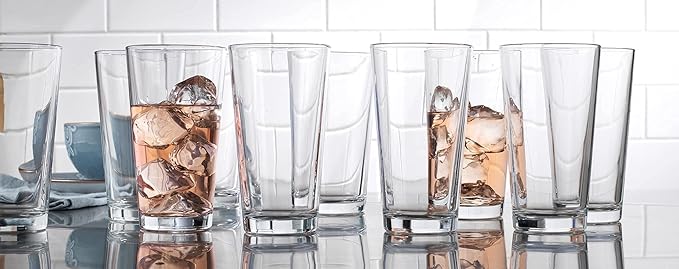 Home Essentials Drinking Glass Set - 10 Highball Glass Cups, 16 Oz. Basic Water Glasses, Beer, Juice, Cocktails, Wine, Iced Tea, Bar Glasses. Dishwasher Safe