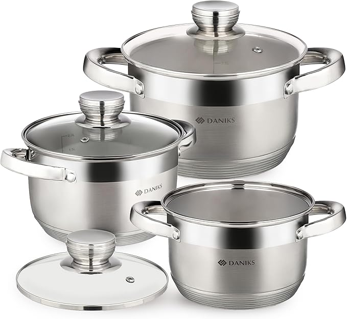 Daniks Standard 6-Piece Stainless Steel Induction Cookware Set, Dishwasher Safe Pots, Measuring Scale, Glass Lids, For Soup, Pasta, Stew, Silver