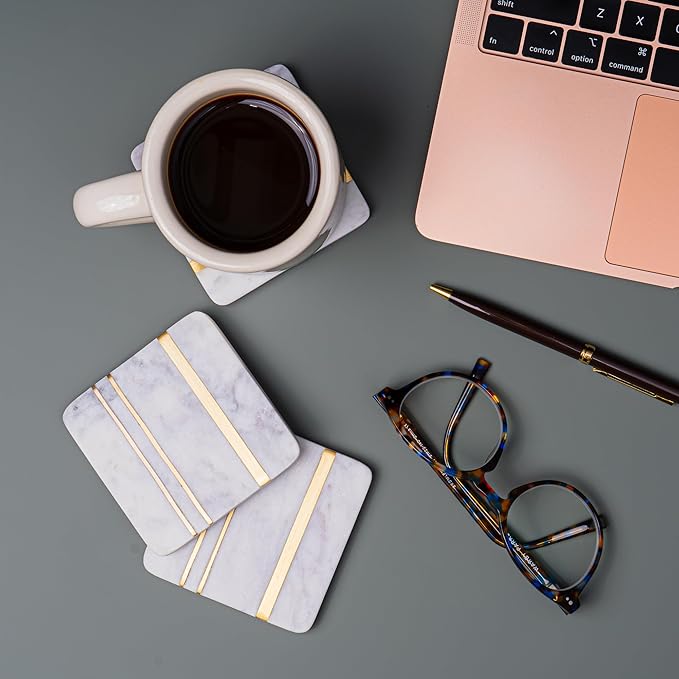 Cork & Mill Marble Coasters Set of 6 - Real Natural Stone - Luxury Aesthetic Square Coasters - Neutral White Marble with Gold Brass Inlay - Semi Absorbent Stone