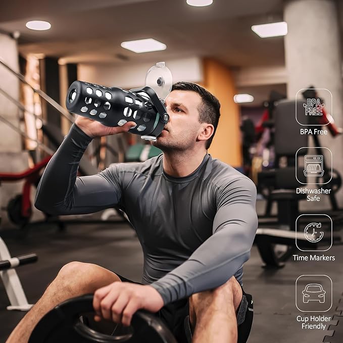 MUKOKO 32 oz Glass Tumbler with Straw,Glass Water Bottles with Time Marker,Iced Coffee Cup with Silicone Sleeve,Motivational Drinking Bottles,Leakproof-Black