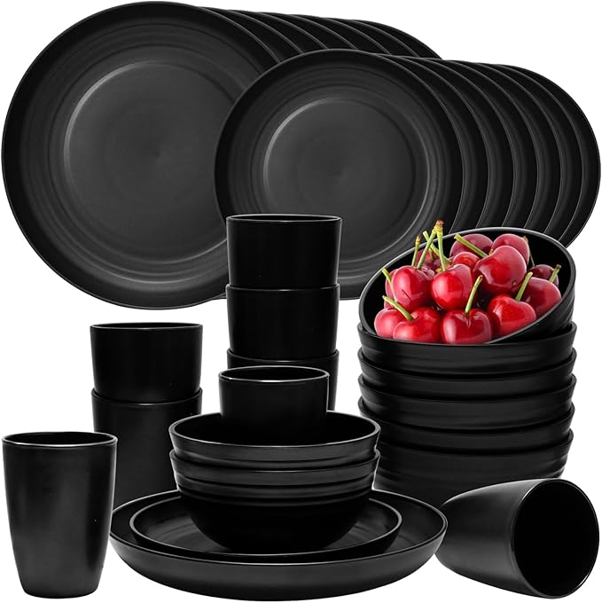 32Pcs Black Plates and Bowls Sets,Lightweight Plastic Dishes Set for 8,Unbreakable Dinnerware Sets,Reusable Plates Set,Dishwasher and Microwave Safe, Dish Sets for Outdoor Camping,RV
