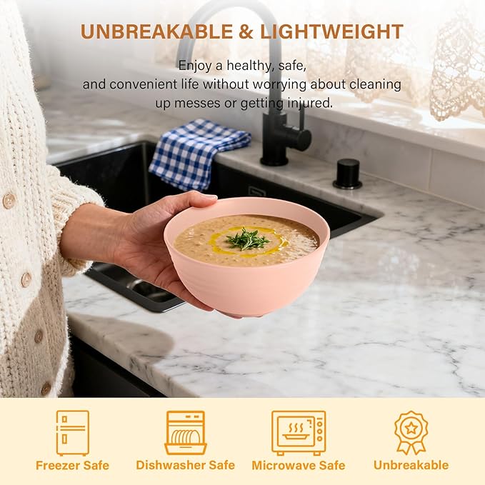 Homienly Wheat Straw Bowls, Unbreakable Cereal Bowls Microwave Safe, 8 PCS Lightweight Stackable Snack & Soup Bowls for Kitchen, Camping, Party, Dishwasher Safe Plastic Bowl Alternative (Light, 26oz)