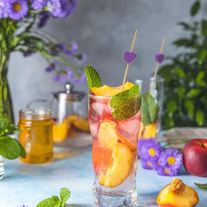 Minisland Purple Love Heart Cocktail Picks, 4.7 Inch Long Bamboo Fancy Toothpicks for Appetizers, Decorative Bridal Shower Wedding Valentines Party Food Drinks Fruit Skewer Sticks 100 Counts -MSL443