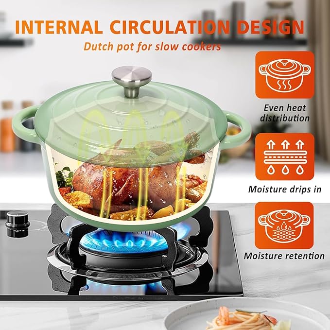 Hisencn Enameled Cast Iron Cookware Set - 7 Piece Set of Dutch Ovens, Sauce Pan, Skillet, 3 Lids, Dutch Oven Set, Ceramic Coated Cast Iron, Heavy Duty, Gas/Induction Compatible (Pistachio Green)