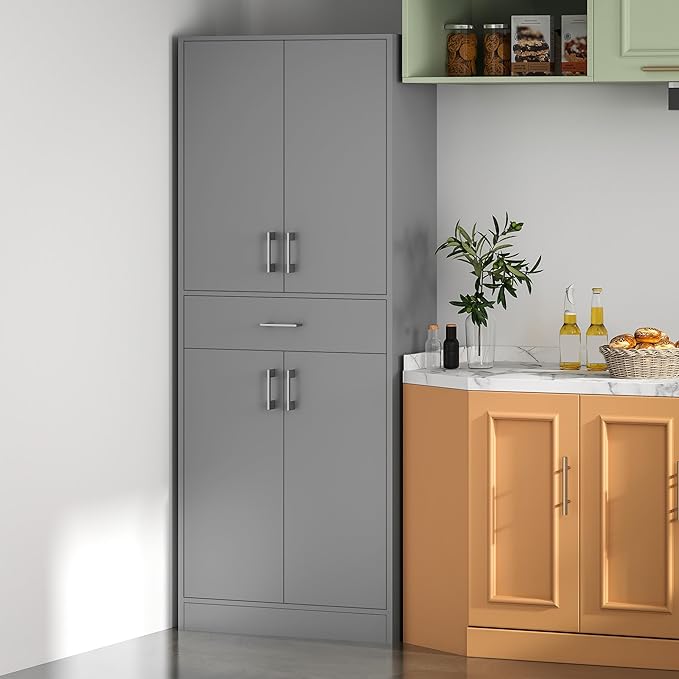 HOMCOM 71" Kitchen Pantry Cabinet with Drawer and Adjustable Shelf, Freestanding Tall Storage Cabinet with 2 Double Door Cupboards, Gray