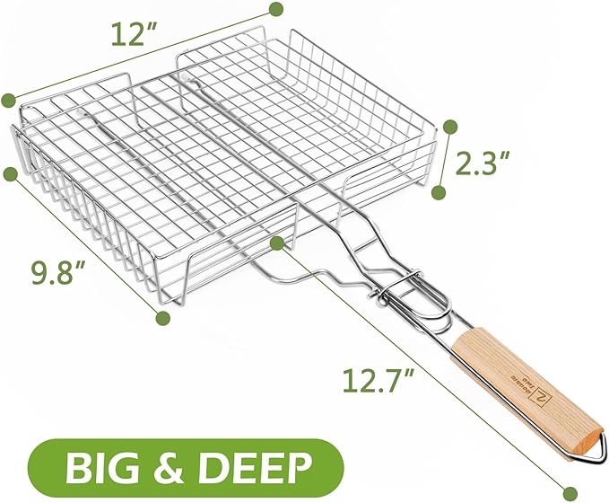 DOUBLE TWO - Stainless Steel Grill Basket, Grilling Baskets for Outdoor Grill, for Meat, Fish, Vegetable, BBQ Accessory, With Height Adjustable Cover & Detachable Handle, Easy to use, 1Pcs