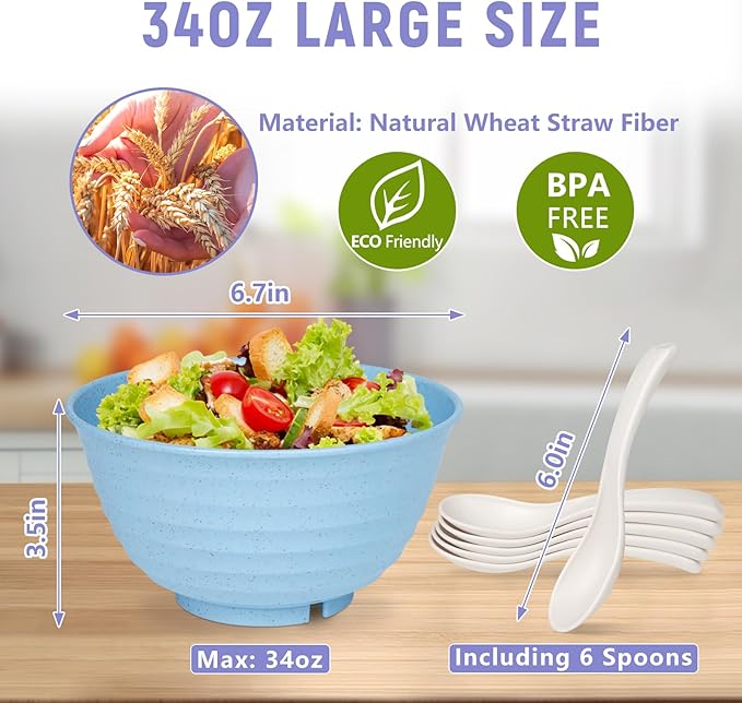 Cereal Bowls, 34 Oz Large Wheat Straw Dinnerware Sets of 6 with Spoon, Unbreakable Plastic Soup Bowls Reusable Microwave Dishwasher Safe for Salad Noodle Kitchen Breakfast, Multicolor