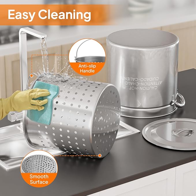 ROVSUN 50QT Stainless Steel Seafood Boil Pot With Strainer Basket, Lid & Hook, Versatile Stock for Crab, Lobster, Shrimp Boiling, Heavy-Duty Turkey Fryer for Outdoor Cooking & Gatherings