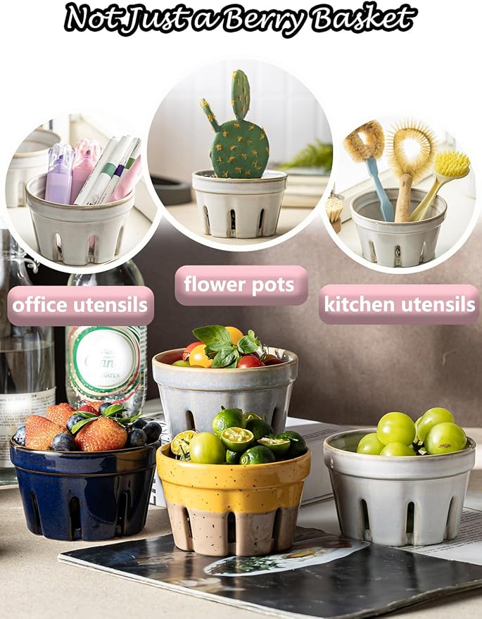 Gomakren Ceramic Berry Basket Set of 2, Round Fruit Bowl with Holes, Small Fruit Basket Containers for Kitchen Counter, Berries, Strawberry, Grape, Cherry, White