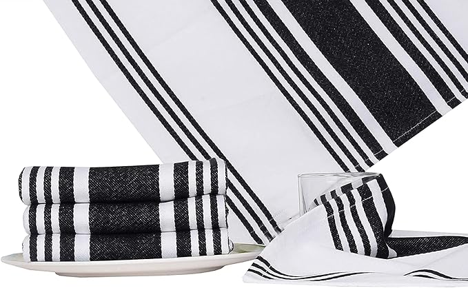 Urban Villa Kitchen Towels 100% Cotton Pack of 3, Highly Absorbent Quick Drying Super Soft Premium Dish Towels for Kitchen with Hanging Loop Hand & Tea Towels - 20x30 Inch, (Black & White, Striped)