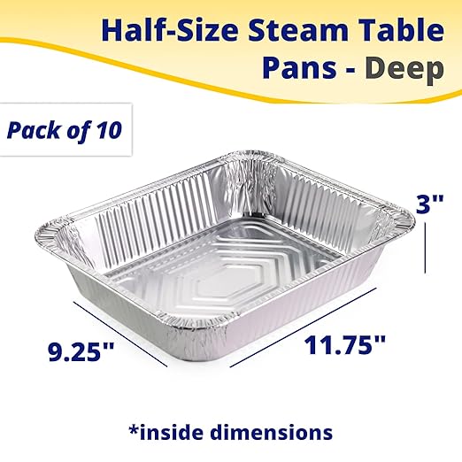 IDL Packaging Half-Size Aluminum Steam Table Pans - Deep, 13" x 11" x 3" (Pack of 10) - Disposable Foil Pan for Grilling, Roasting, BBQ, Cooking, Baking, Freezing