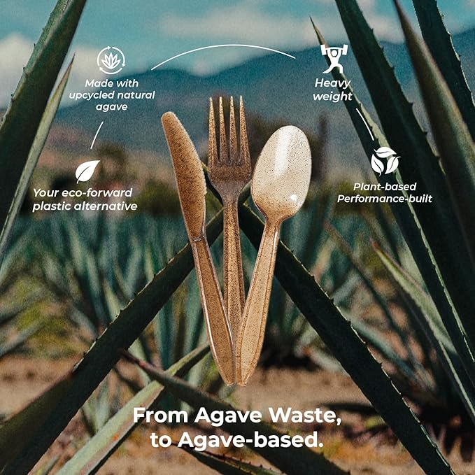 Sustainable Agave Co - Agave Fiber Cutlery Set - 200 pcs/each (600pcs total) - Plant-Based, Made With Upcycled Materials - Bulk Brown Forks, Knives Spoons Variety Pack