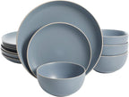 Gibson Home Rockaway 12-Piece Round Stoneware Dinnerware Set, Service for 4 – Blue Plates and Bowls, Microwave & Dishwasher Safe