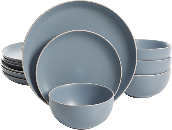 Gibson Home Rockaway 12-Piece Round Stoneware Dinnerware Set, Service for 4 – Blue Plates and Bowls, Microwave & Dishwasher Safe
