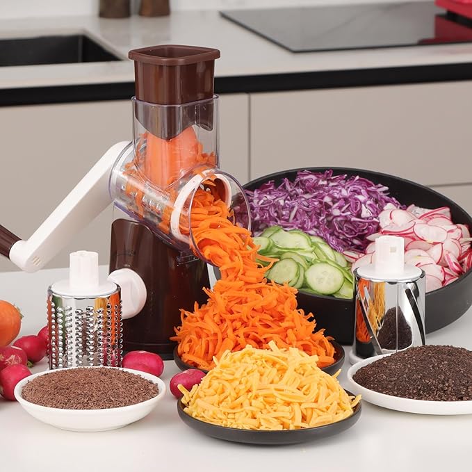 Cambom Rotary Cheese Grater Hand Crank Cheese Shredder for Fresh Cheese, Vegetable, Nuts,Non-slip Suction Base, Free Cleaning Brush Three Blades, Coffe Color