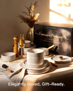 Stoneware Dinnerware Sets, Dish Set for 8, 24 Pieces Spiral Dishware Set with Straight Rim, Speckles & Reactive Glaze - Microwave and Dishwasher Safe Tableware, Shell Beige