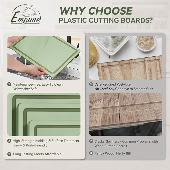 Empune Plastic Cutting Board Set, Recycled Plastic Cutting Boards for Kitchen (Set of 3), Dishwasher Safe Large Chopping Board with Holder, Non-slip Feet and Juice Grooves, Nonporous, Green