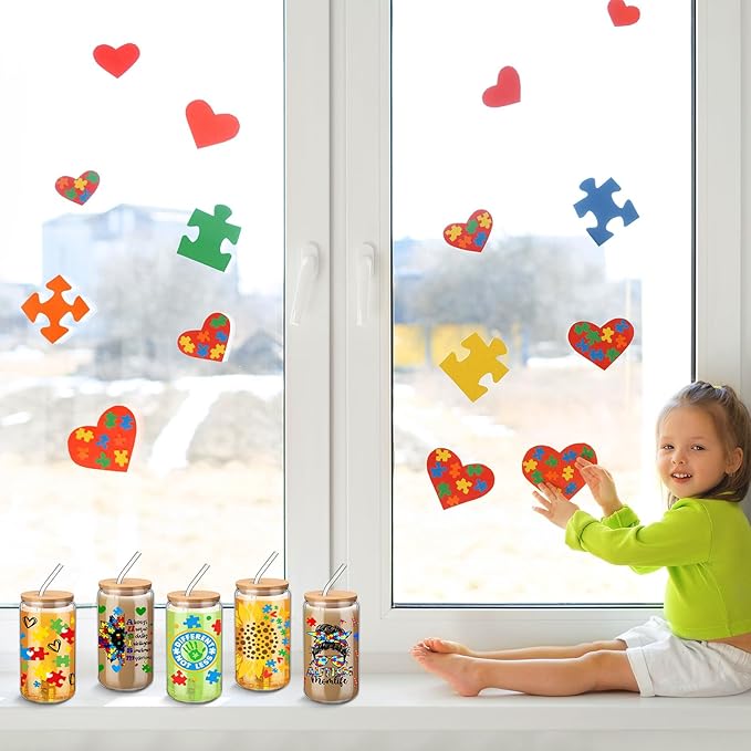 6 Pcs Autism Mom Gifts Tumbler 16 oz Autism Awareness Glass Cups with Lids and Straws Can Shape Autistic Iced Coffee Cup for Autistic Mom Teacher