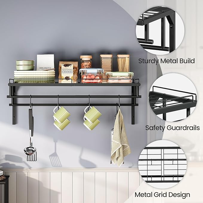 Hanging Pot Rack, Wall-Mounted Pot Rack, Kitchen Cookware Organizer, Metal Pot Rack Holder, for Cookware, Utensils Organization, Black TPR38BB