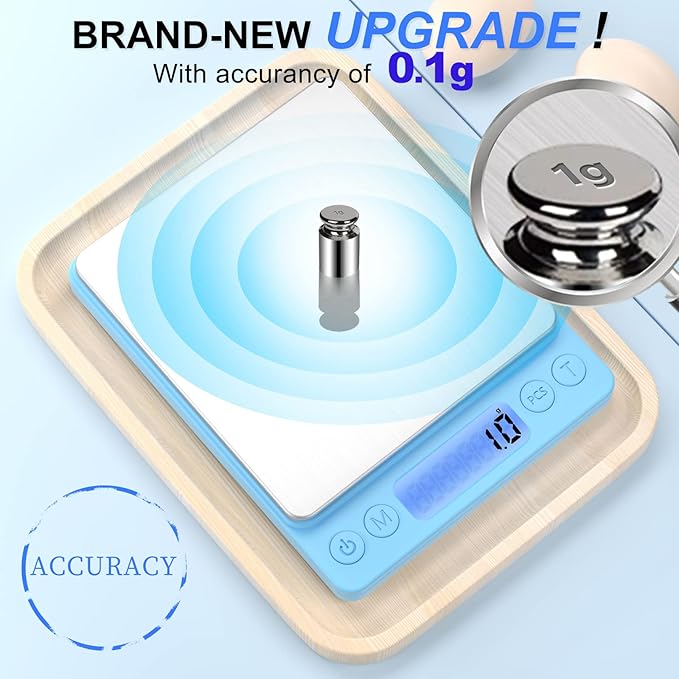 Digital Food Scale for Food Ounces and Grams，YONCON 3000g/0.1g Accuracy Multifunctional Kitchen Scale for Cooking, Baking | Small Size for Easy Storage | 2 Trays，Tare Function