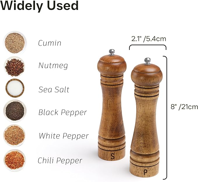 Wooden Salt and Pepper Grinder Set, Premium Oak Wood Salt Grinders Shakers, Pepper Mill with S and P Engraving, Adjustable Ceramic Grinder – 8 inches, 2 Pack