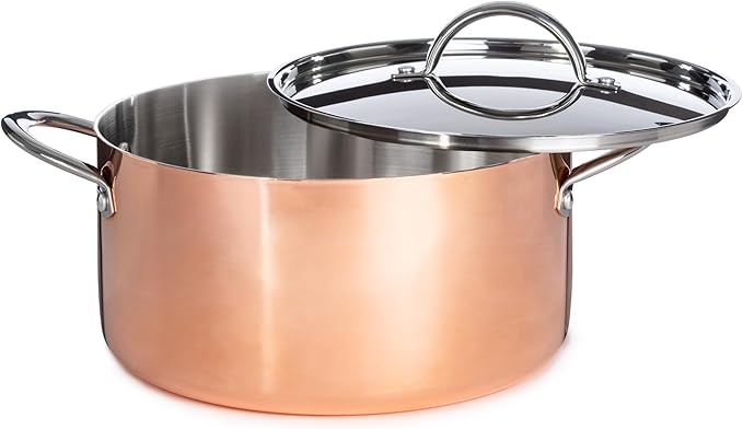 BergHOFF Vintage 5Pc Tri-Ply Copper 18/10 Stainless Steel Cookware Large Sized Set With Matching Lids, Polished, Long Ergonomic Shaped Handle, 3-layer Base, Gold