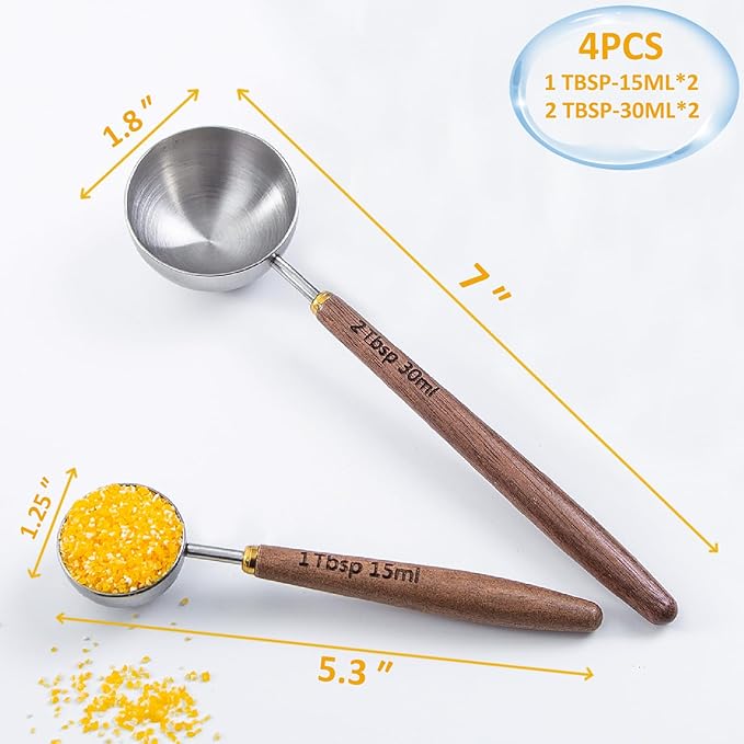 Wooden Scoops for Tea 2PCS Long Handle Coffee Scoop for Sugar (15ml 1 Tbsp + 30ml 2 Tbsp) Wood and Stainless Steel Measuring Scoop for Coffee, Wood Scoops for Seasoning Small Scoop Multipurpose