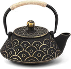 Japanese Tea Kettle Cast Iron Teapot, Teapot Infuser Strainer Set Chinese Black with Gold Wave Pattern with Stainless Steel Filter 30oz/0.9L