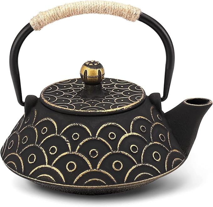 Japanese Tea Kettle Cast Iron Teapot, Teapot Infuser Strainer Set Chinese Black with Gold Wave Pattern with Stainless Steel Filter 30oz/0.9L