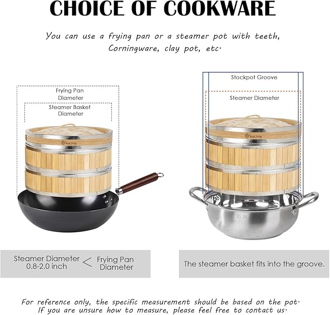 11.8-Inch Vertical Bamboo Steamer Basket, 3-Tier with Stainless Steel Rings | 50 Liners, Sauce Dish & 2-Chopsticks | Cooking Pot for Buns Dumplings Rice Vegetables Dim Sum