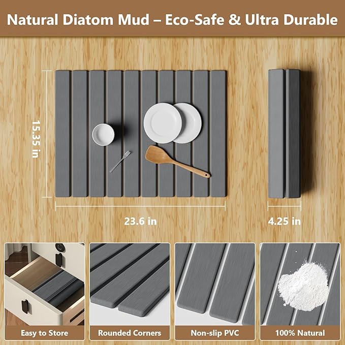 Large Stone Drying Mat for Kitchen Counter, 24"(L)×16"(W), Foldable Diatomaceous Earth Mat, Fast Drying & Absorbent Pad for Dishes, Bottles, Cups, Bathroom & Any Countertop (Gray)