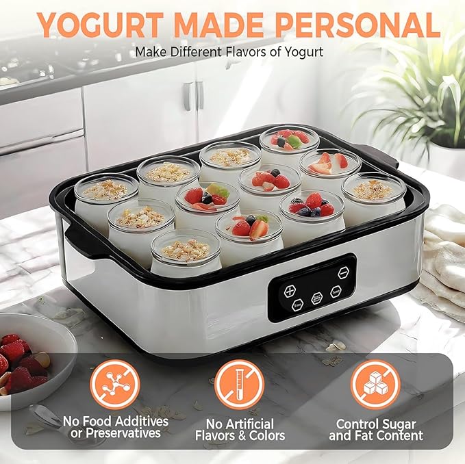 Automatic Yogurt Maker, Digital Yogurt Maker Machine with 12 Jars 2160ml Adjustable Temperature 48H Time Control for Fresh Homemade Yogurt Dessert, Led Display Multi-Function Electric Yogurt Machine