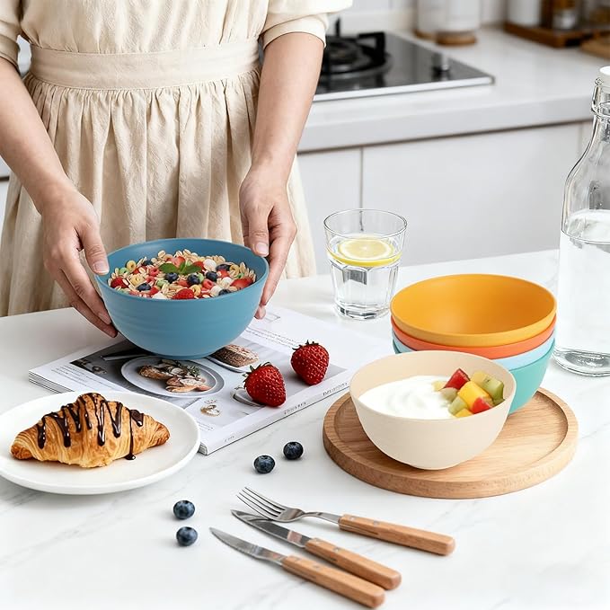 Wheat Straw Bowls, 26 OZ Cereal Bowls Set of 6, Unbreakable Salad and Soup Bowls for Kitchen, Microwave & Dishwasher Safe Bowl Set, Plastic Camping Bowl - Multi