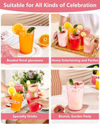 Ciaell 12 Pack Romantic Plastic Water Glasses - 14 Oz Pink Vintage Drinking Glasses, Embossed Ribbed Plastic Cups, Textured Striped Set for Juice, Beverages, Beer, Cocktail